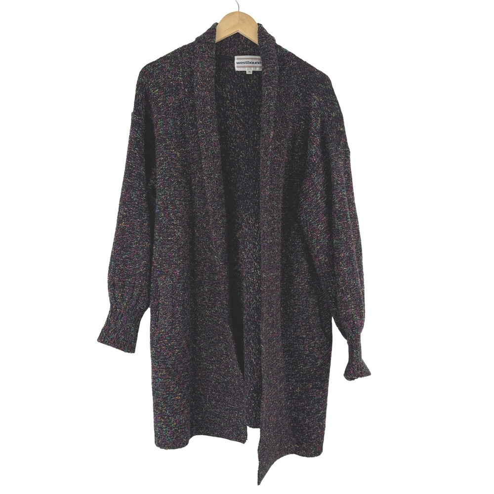 Westbound Vintage 80s Rainbow Confetti Knit Open Cardigan Sweater Coat Black M